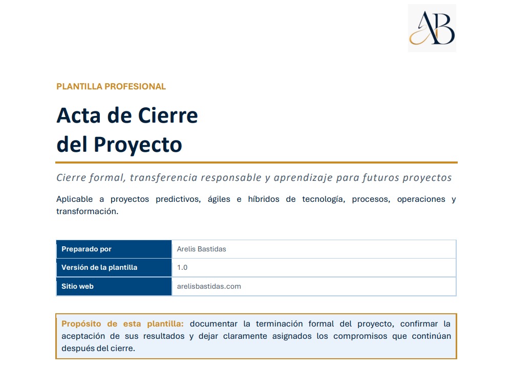 Vista previa de la portada de la plantilla Acta de Cierre del Proyecto