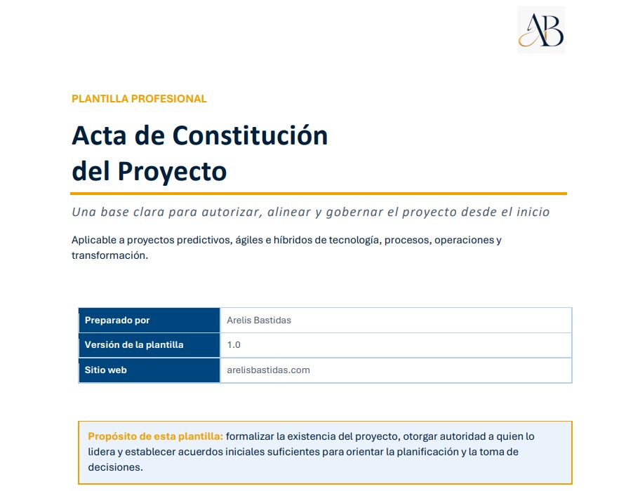 Vista previa de la portada de la plantilla Acta de Constitución del Proyecto