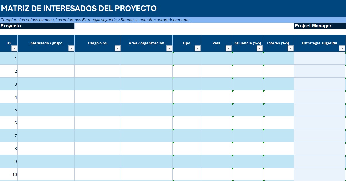 Vista previa del registro de la plantilla Matriz de Interesados