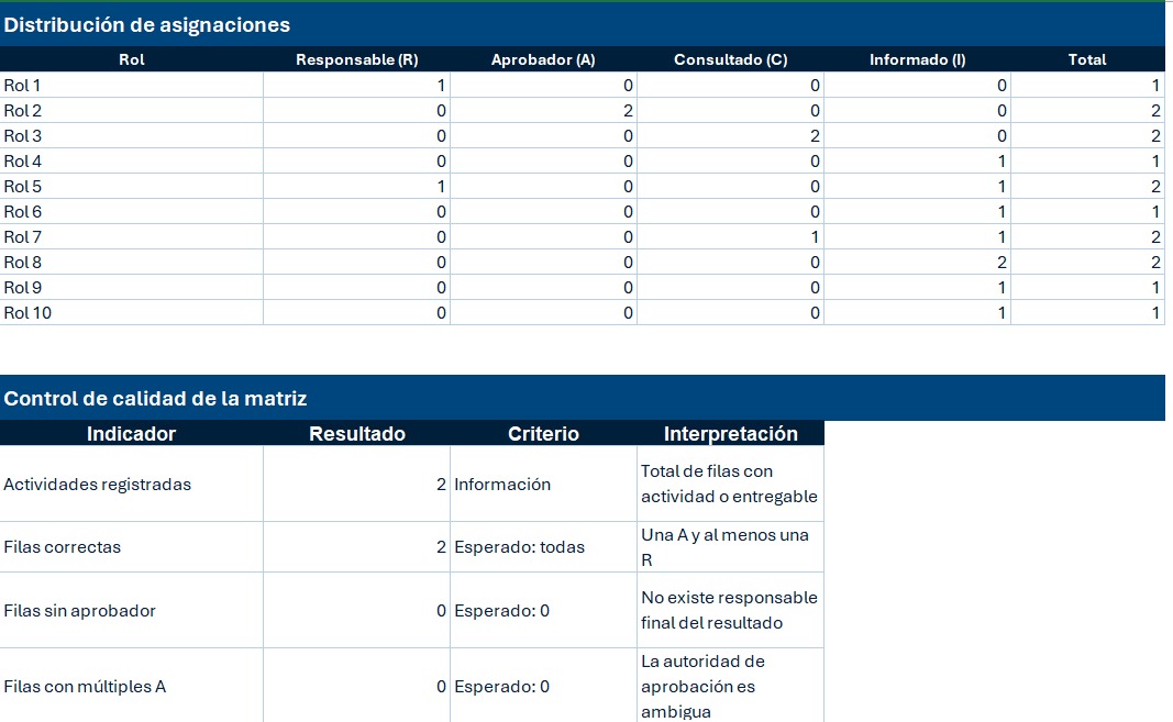 Vista previa de la distribución de asignaciones y el control de calidad de la plantilla Matriz RACI