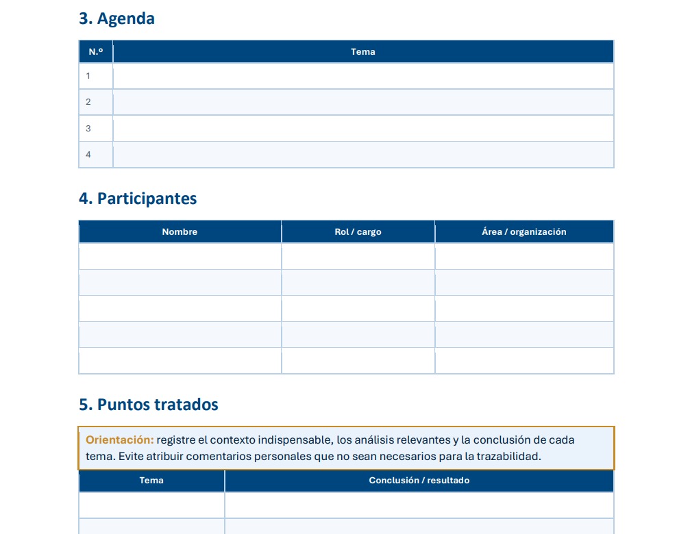 Vista previa de las secciones de agenda, participantes y puntos tratados de la plantilla Minuta de Reunión